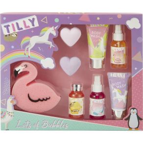 Tilly & Friend Tilly Lots of Bubble Blockbuster Gift Set 2 x 40g Bath Fizzers, 2 x 50ml Body Mist, 50ml Bubble Bath, 2 x 50ml Body Wash, Flamingo Sponge