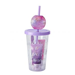Style & Grace Glitz & Glam Travel Cup Gift Set  - 30ml Hand Lotion, 8ml Lip Gloss - Vanilla, Nail File, Drink Cup with Straw