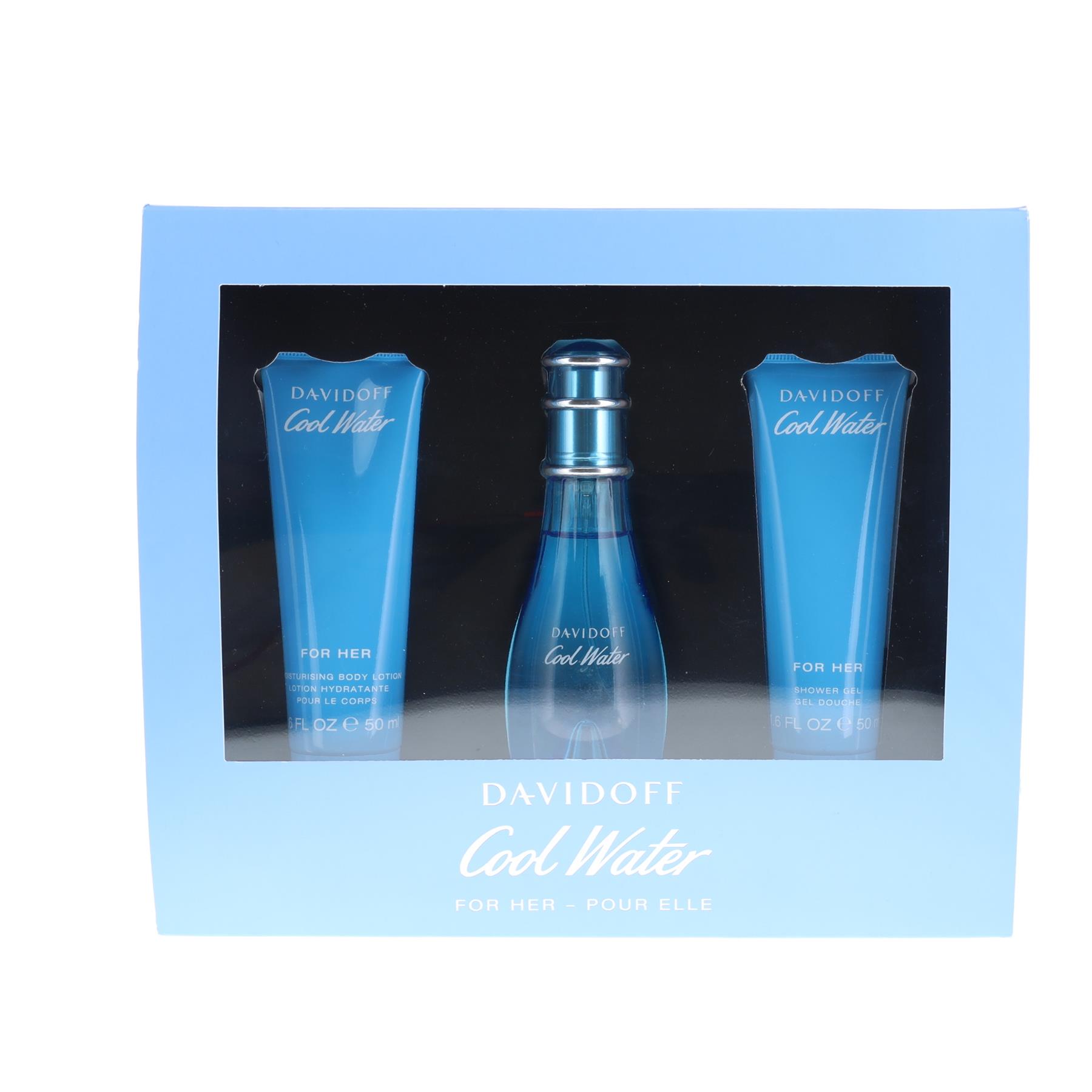 Davidoff Cool Water 50ml Eau de Toilette, 50ml Shower Gel Gift Set 50ml Body Lotion for Her from Perfume Plus Direct
